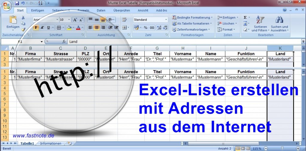 Excel-Liste erstellen mit Adressen aus dem Internet