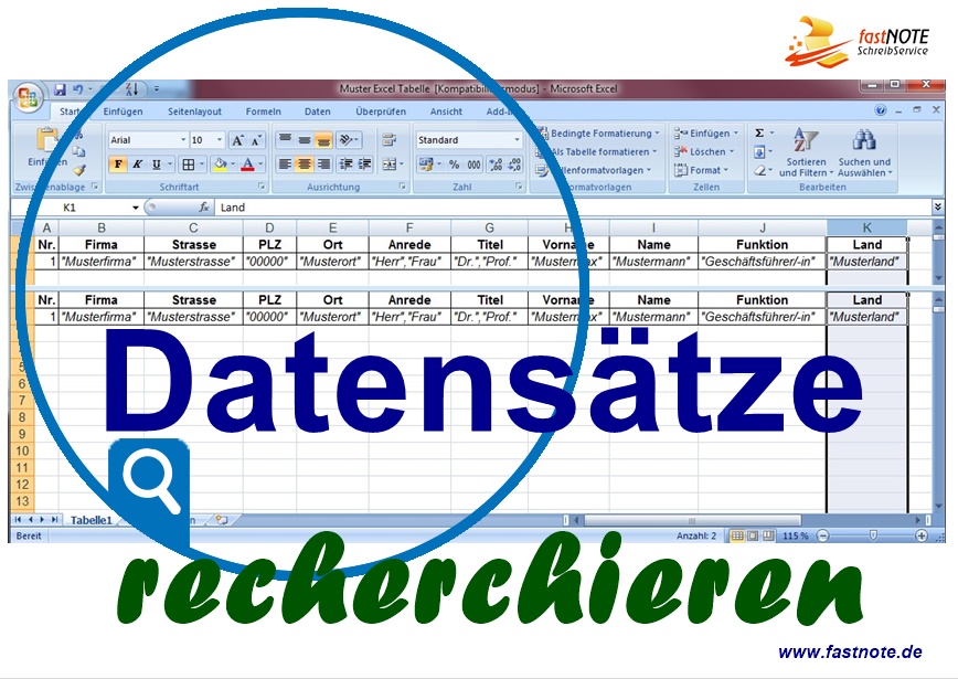 Datensätze recherchieren und in Excel erfassen Adressrecherche Datenrecherche Schreibservice Büroservice