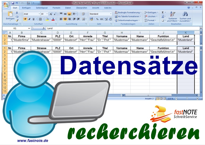 Datensätze recherchieren und in Excel erfassen Adressrecherche Datenrecherche Schreibservice Büroservice