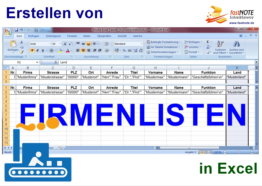 Erstellen von FIRMENLISTEN in Excel Adresseingabe Adresserfassung Datenerfassung Schreibservice Büroservice abtippen von Datensätzen
